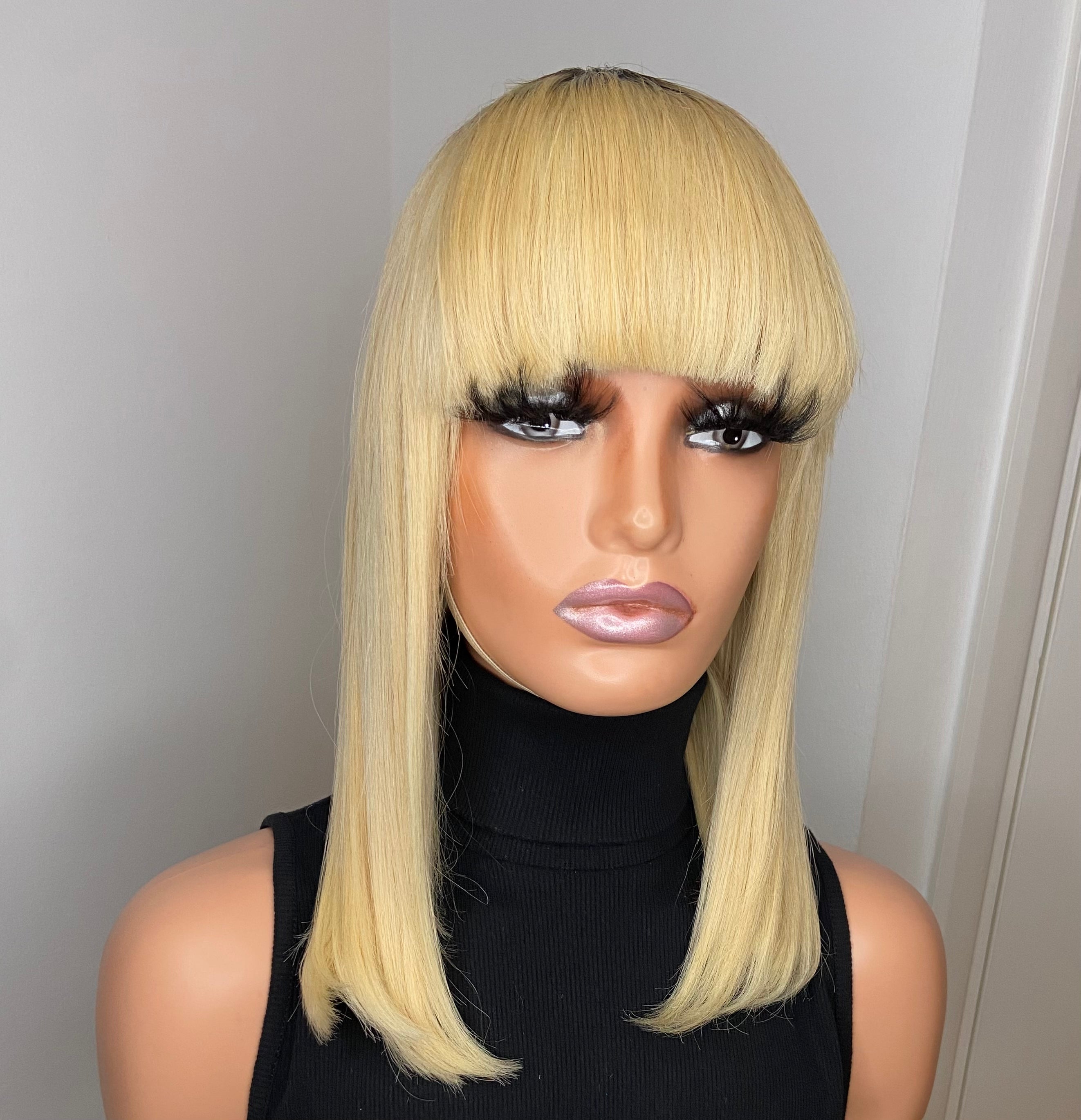 Blonde human hair wigs hotsell with bangs