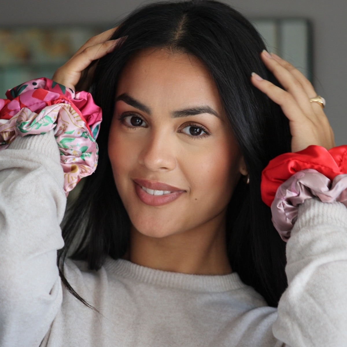 Cloud Satin Hair Scrunchie Set (set of 3) - Strawberry Leopard