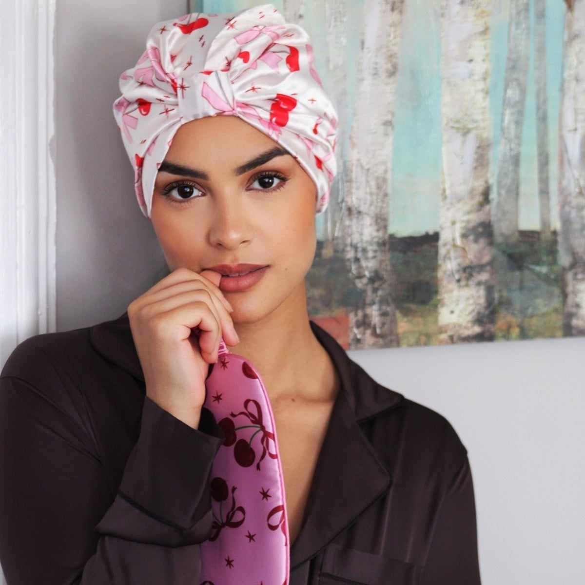 Satin Sleep Turban, Cherry Bows